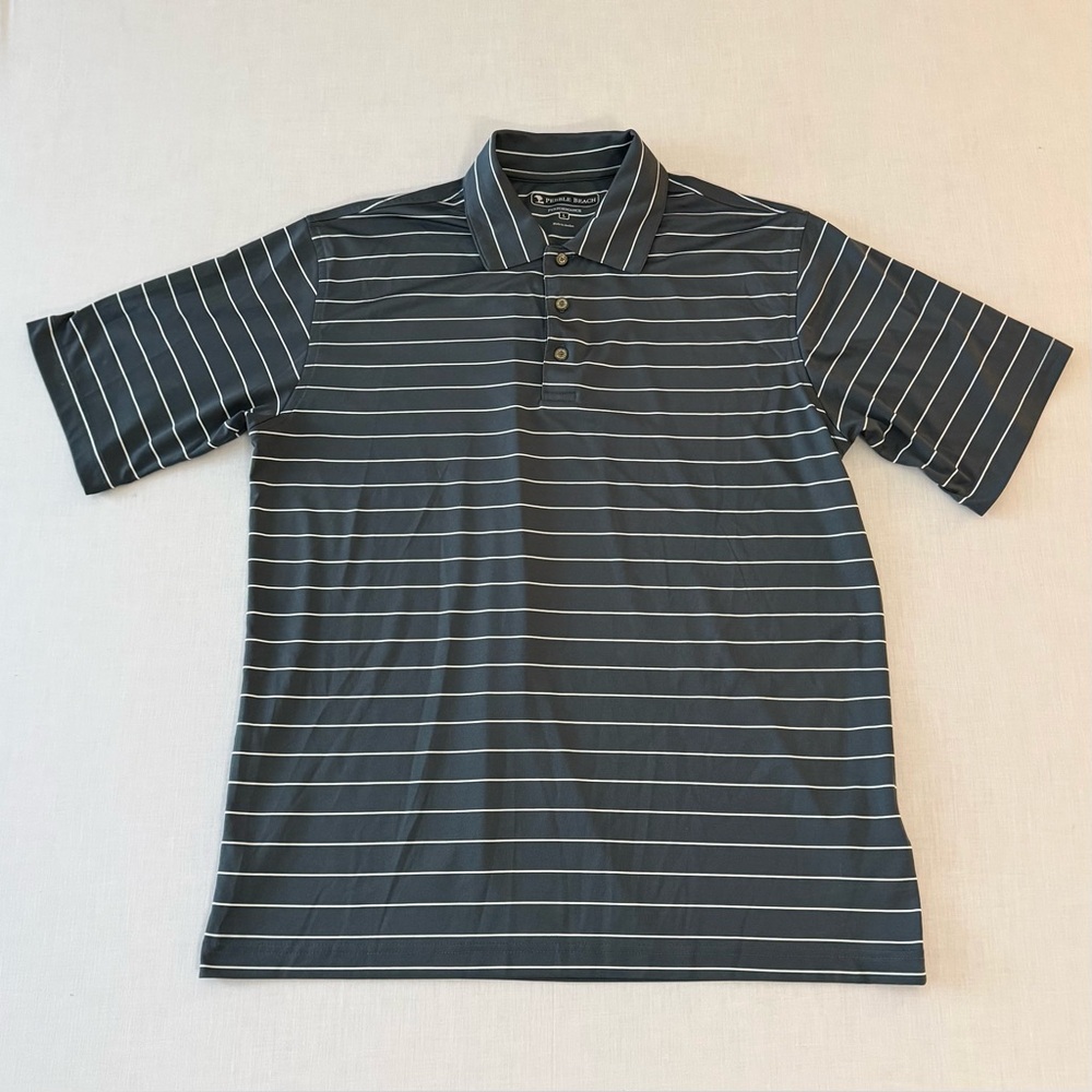 Men’s Pebble Beach Dark Gray Polo with White Stripe, Size Large